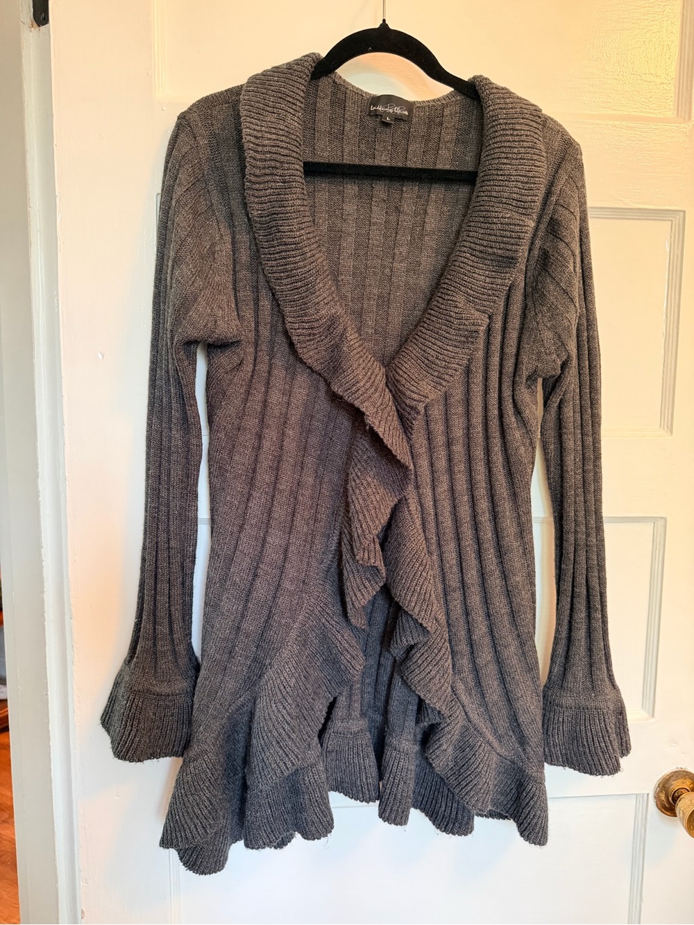 Women's Gray Ruffled Open Cardigan Sweater